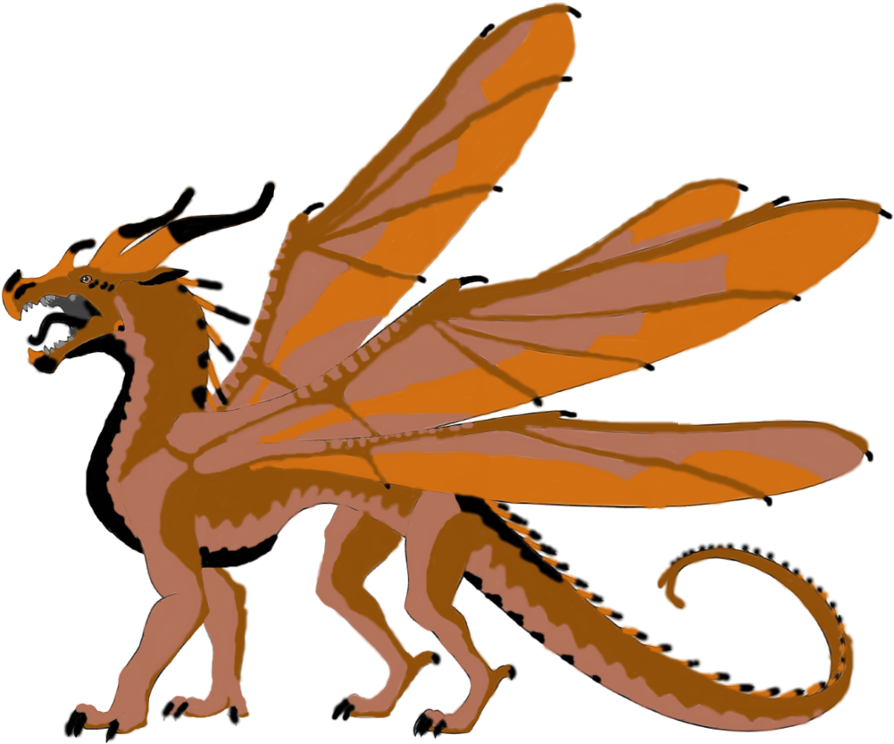 《Wings of Fire》橙色龍插畫 壁紙 — 一隻風格化的橙色龍，擁有大型膜狀翅膀，側面站立在黑色背景前。