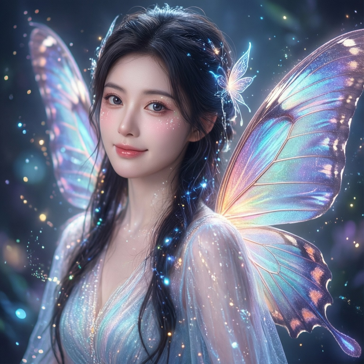 一位發光的精靈，擁有蝴蝶翅膀和閃爍粒子，在宇宙環境中