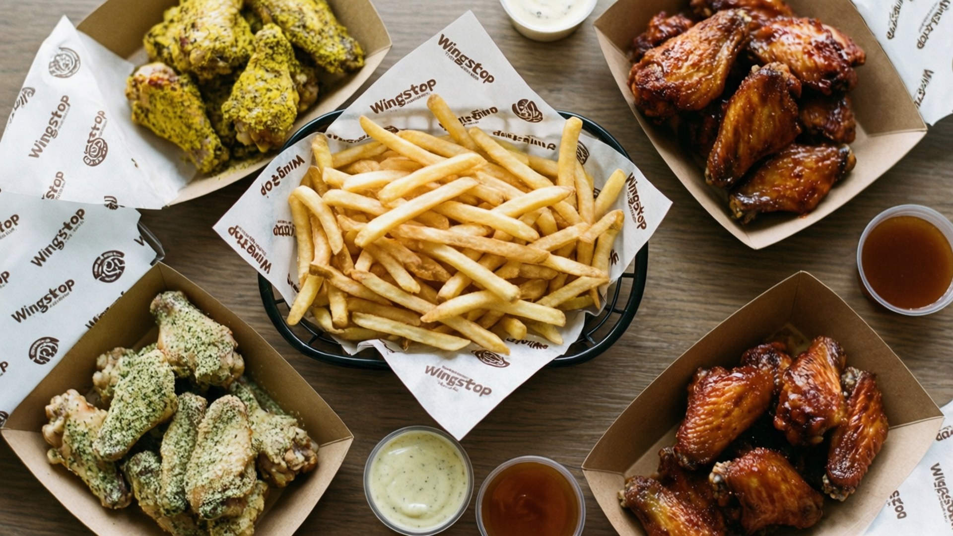 Wingstop盛宴俯拍 壁紙 — 木桌上品牌紙籃中各式Wingstop雞翼和薯條的俯視圖。
