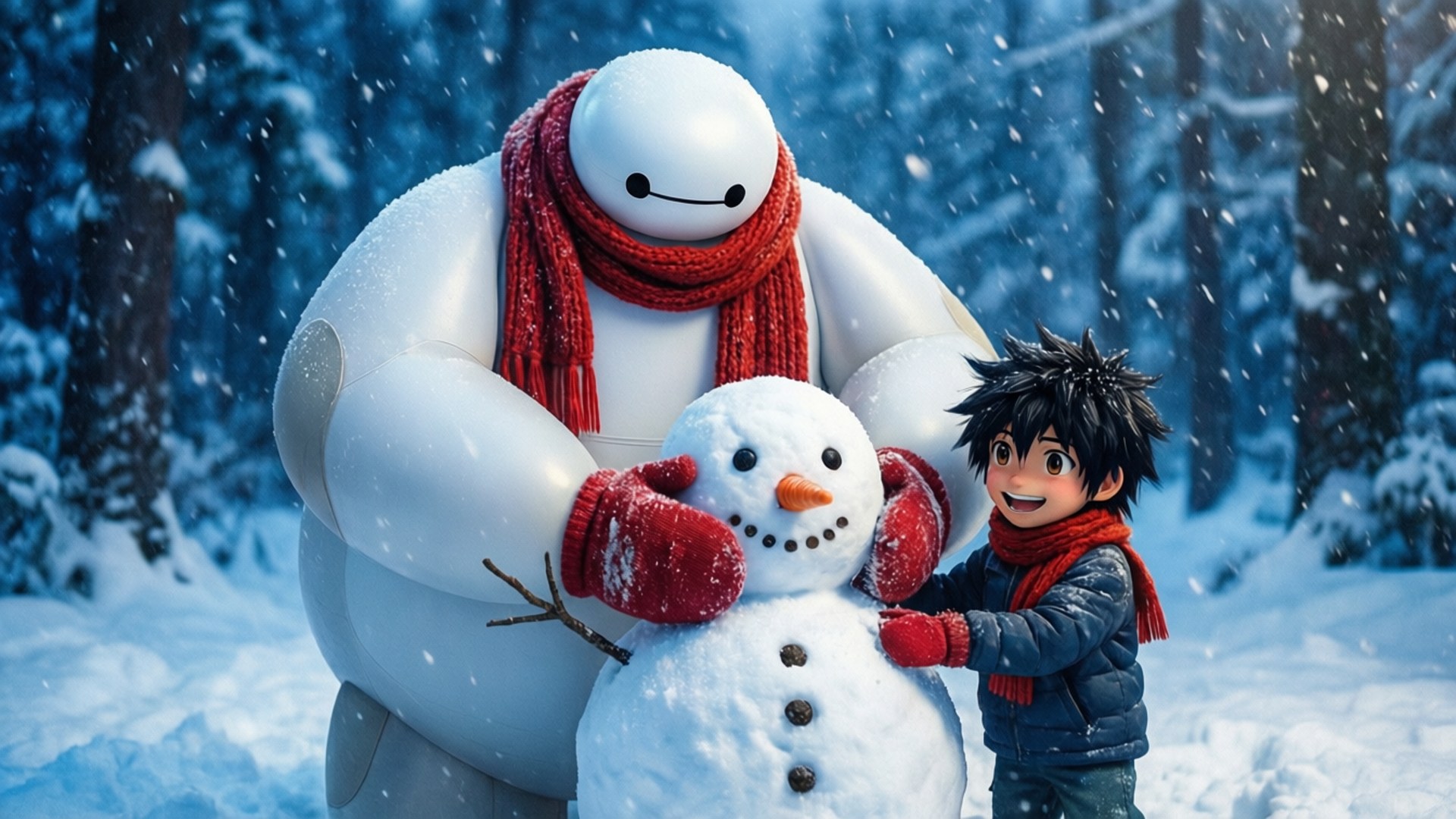 一個巨型機械人和一個男孩一起在雪地森林中堆雪人。