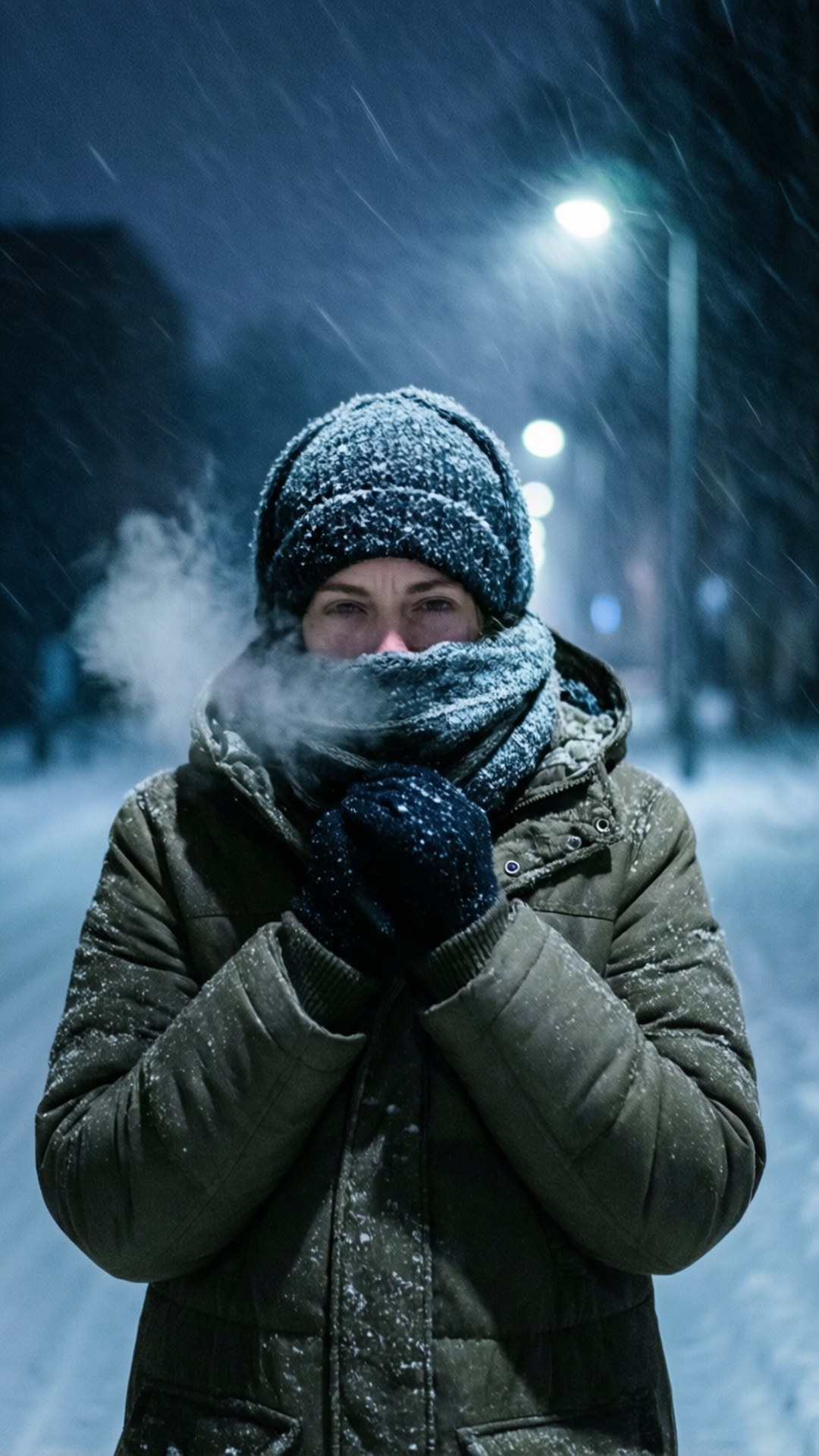 穿著冬季外套帽子和手套嘅人在雪夜街道上呼氣