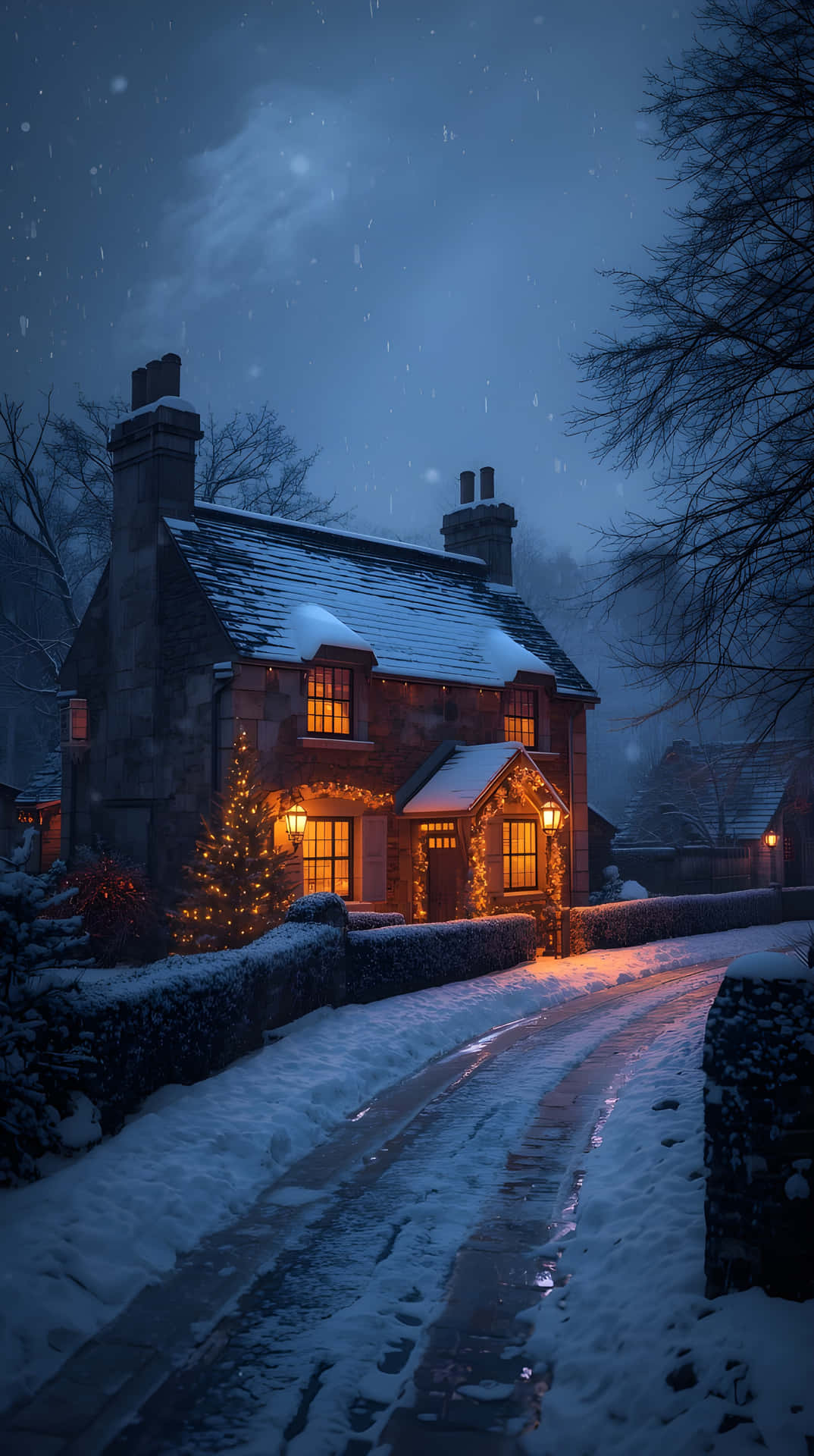 Winter Cabin at Dusk with Festive Holiday Decorations 壁紙 — 一間被雪覆蓋的石屋在星空下溫暖地發光，雪花飄落在蜿蜒的雪徑上。