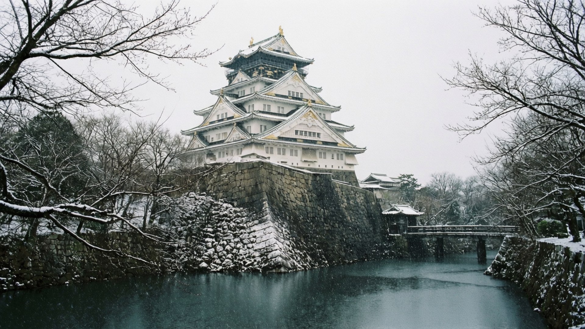 一座灑滿雪的日本城堡，金色屋頂，冬季被光禿樹木和護城河環繞。