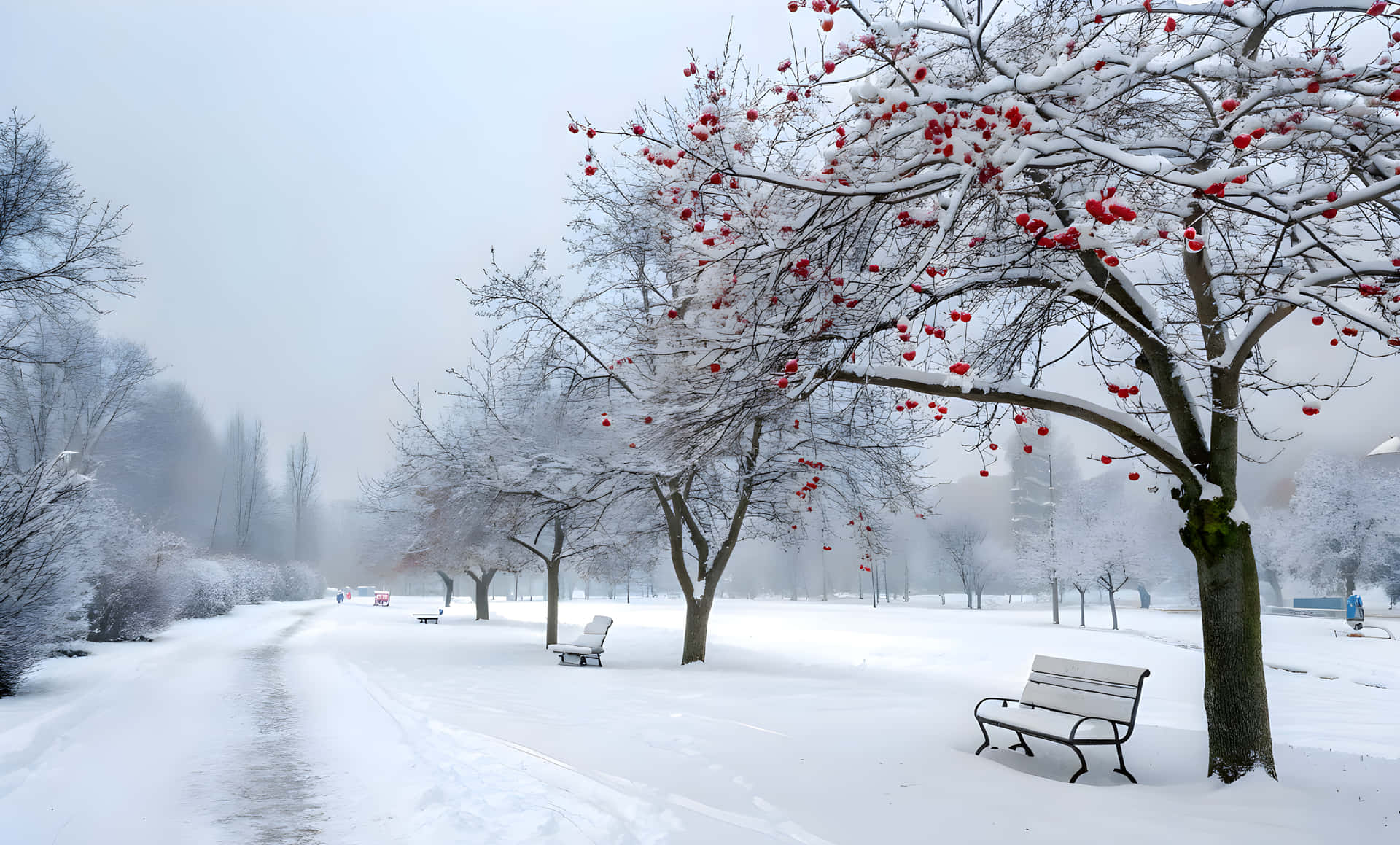 雪覆蓋的公園小徑，光禿樹木掛紅漿果，空長椅，灰色天空
