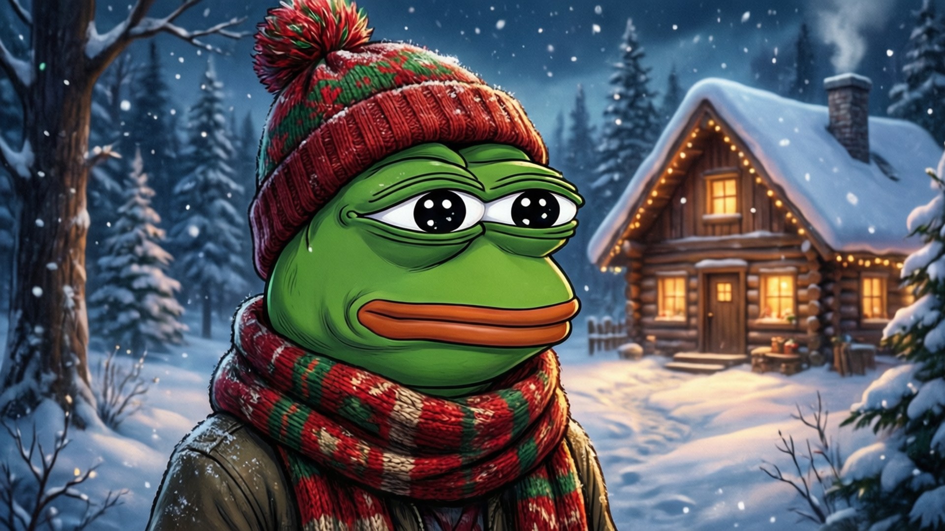 Pepe the Frog 穿著冬季裝備，站在一座積雪覆蓋、窗戶發光的小屋附近。