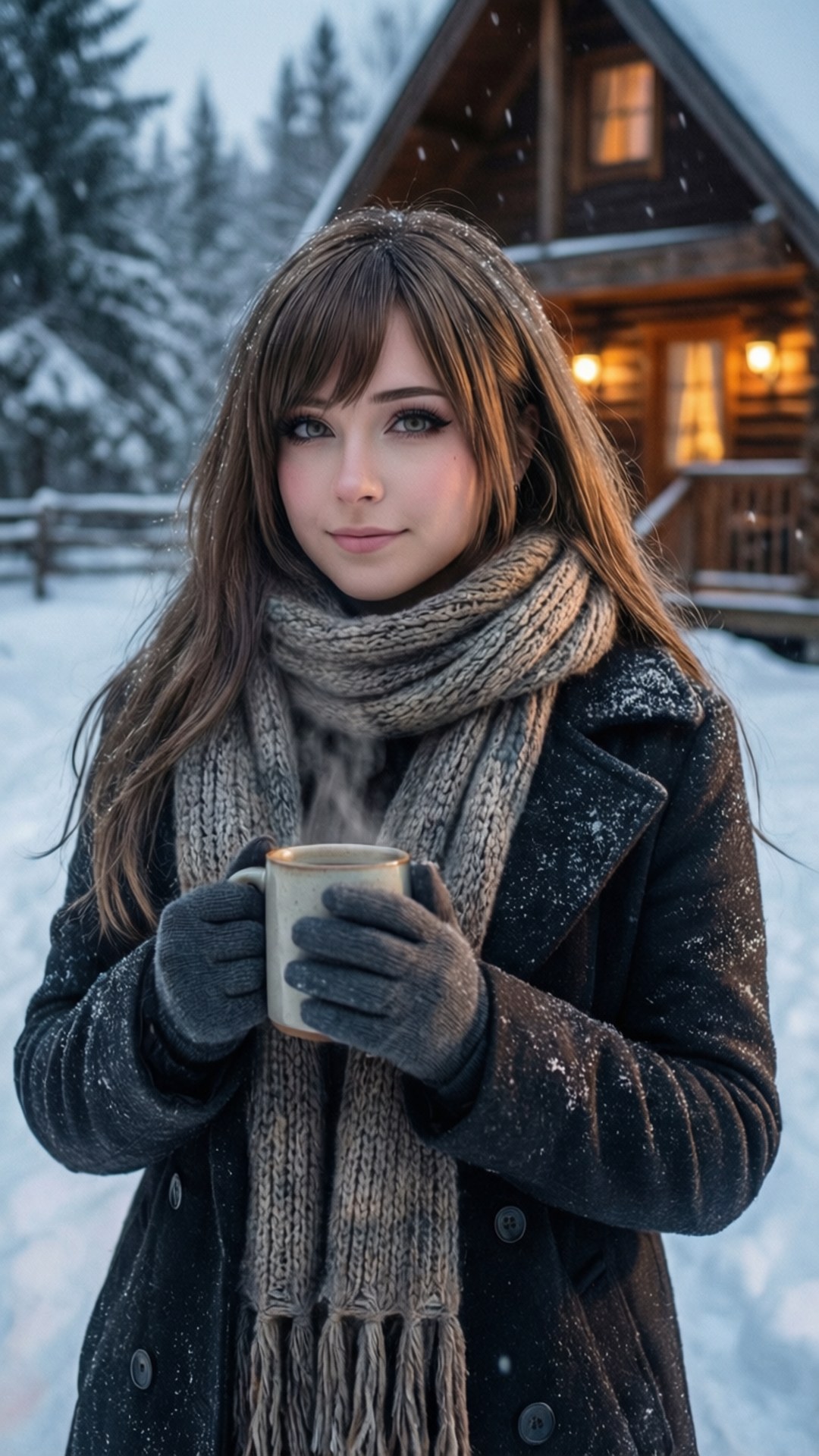 一位穿著冬季裝備的女子在積雪的小屋外拿著熱飲，雪花飄落