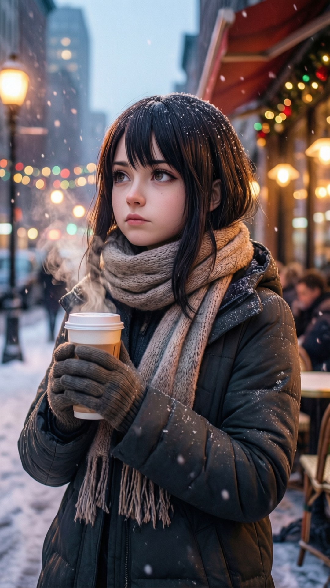 年輕女子穿著冬季外套在雪景城市街道上手持冒熱氣的咖啡杯，節日燈光閃爍