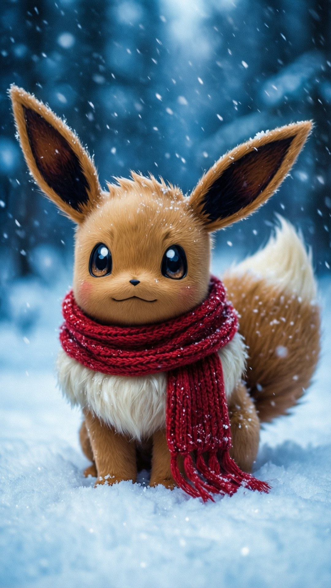 一隻戴著紅色圍巾的棕色伊布在冬季降雪時坐在雪地裡。