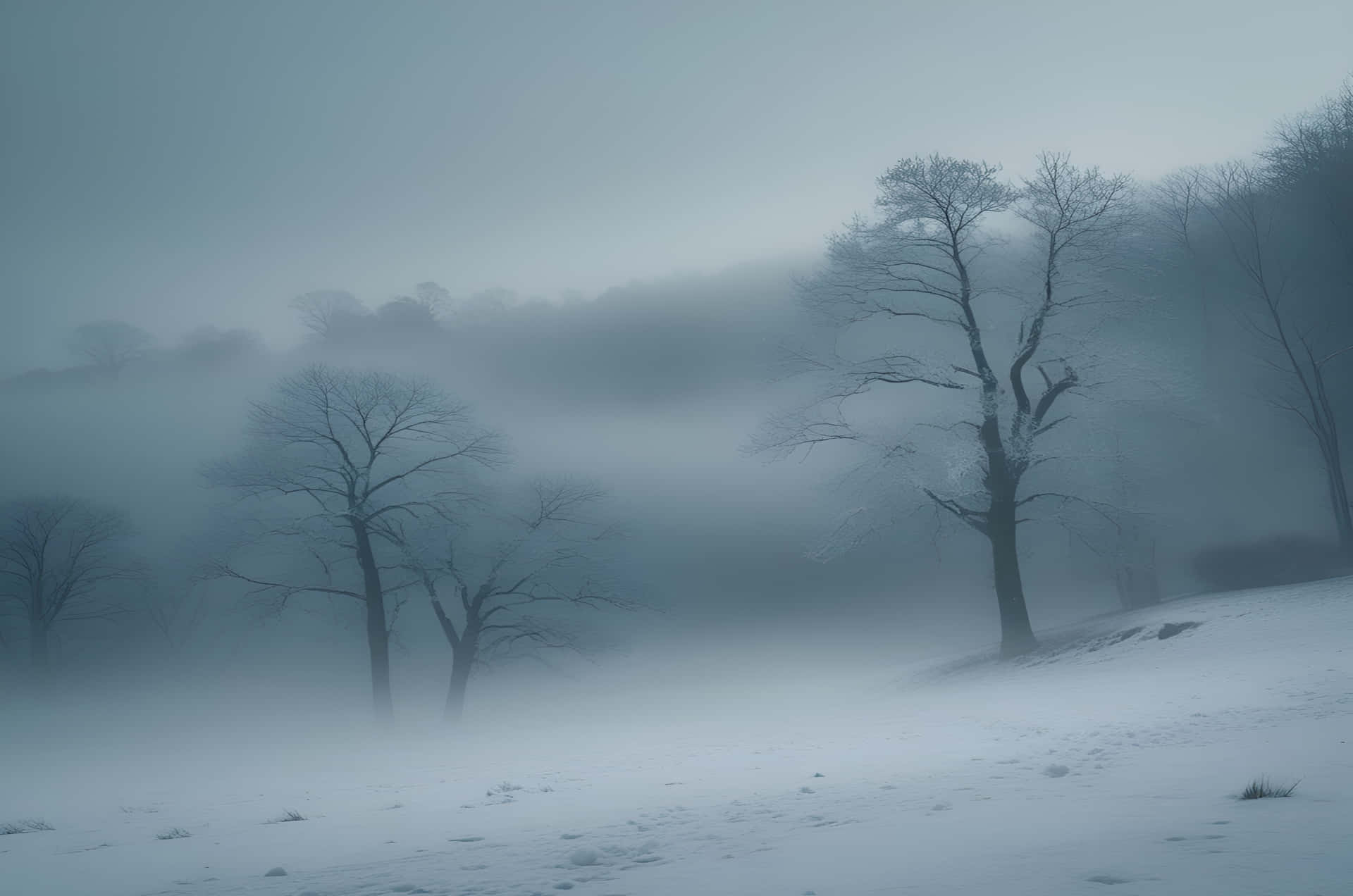 灰色天空下，濃霧中出現光禿樹木的雪坡