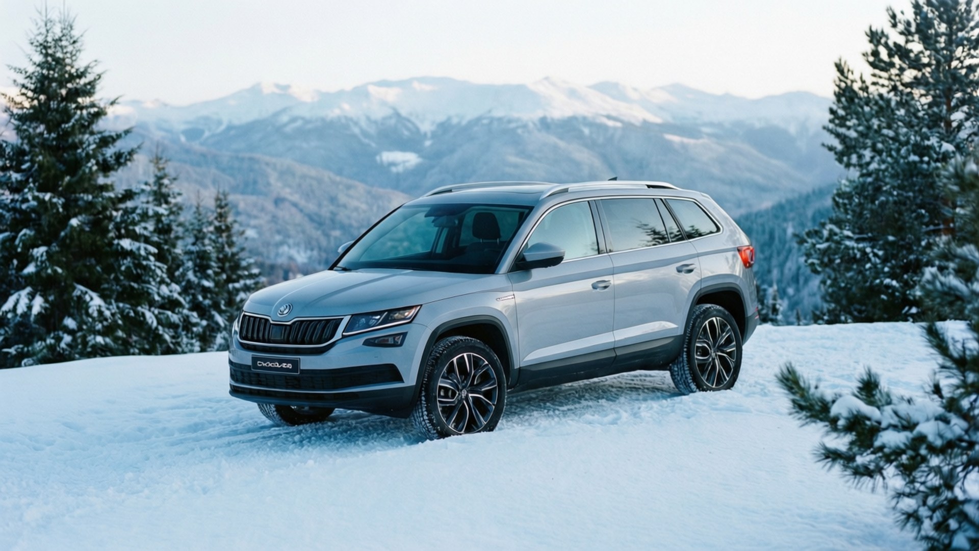 銀色斯柯達Kodiaq SUV停放在白雪覆蓋的山地地形上，背景有常綠樹木和白雪皚皚的山峰
