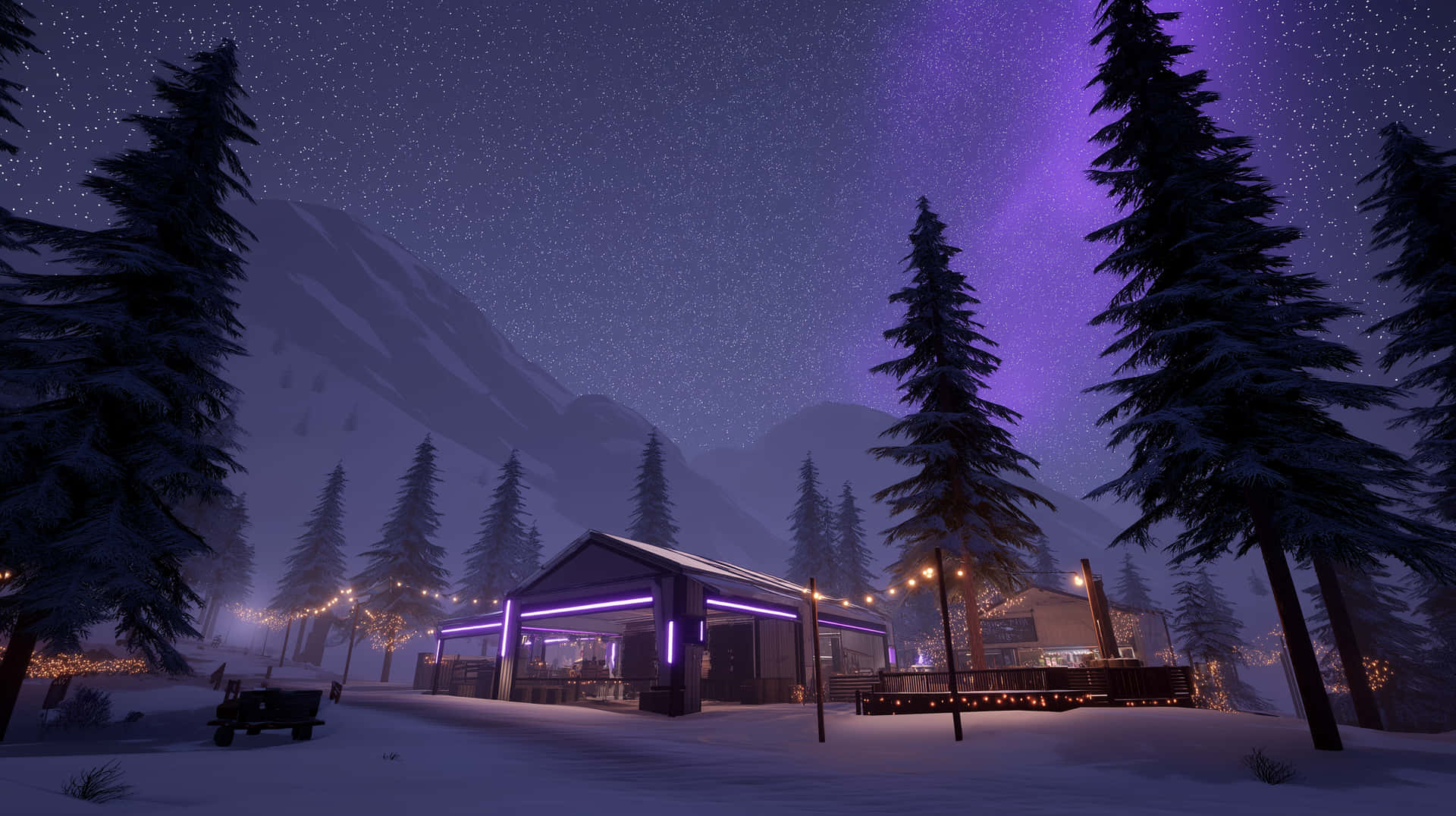 在星空下，夜晚的雪地森林中，一間現代小屋散發著紫色霓虹燈光。
