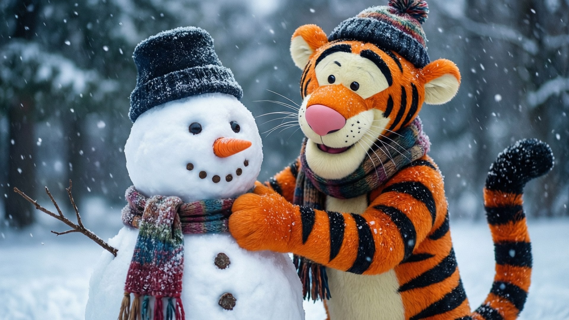 Tigger 戴著帽子和圍巾在雪地森林中擁抱雪人。