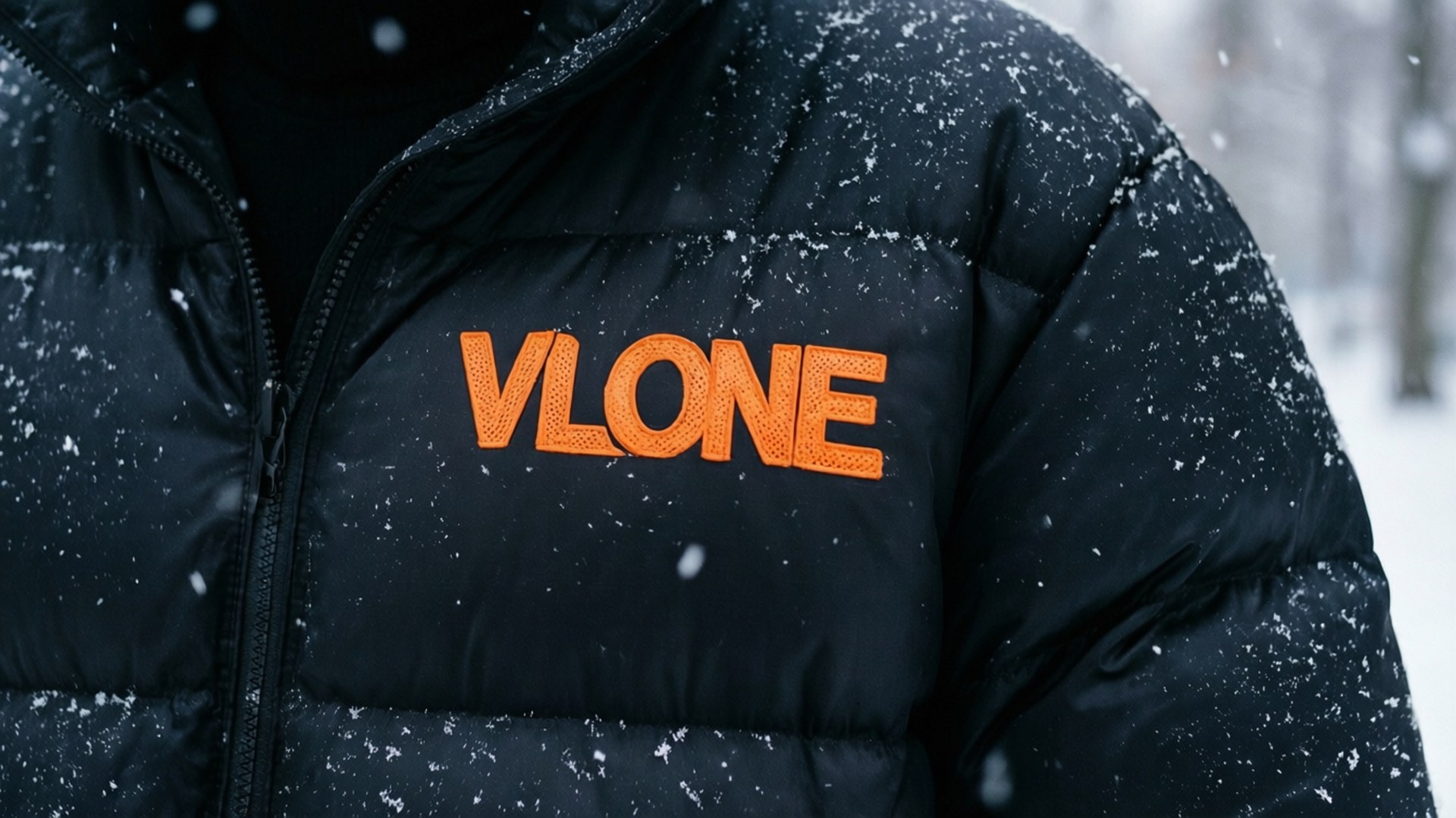 黑色羽絨外套，帶有橙色Vlone標誌，覆蓋著雪花