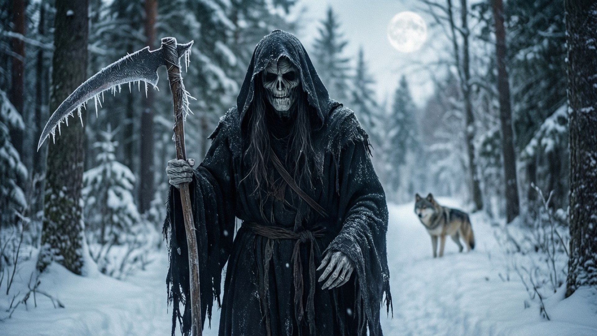 骷髏死神手持冰鐮刀，站在雪地森林中，狼在滿月下注視。