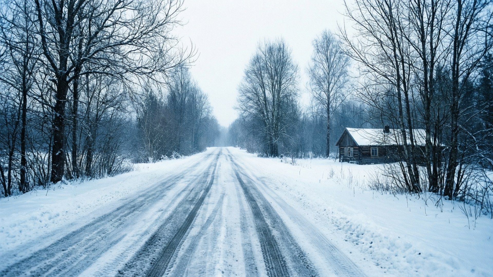 Winter Road to the Cabin 壁紙 — 一條被雪覆蓋的道路延伸至霧濛濛的冬季森林，兩旁有光禿禿的樹木，右邊有一座孤零零的木屋。
