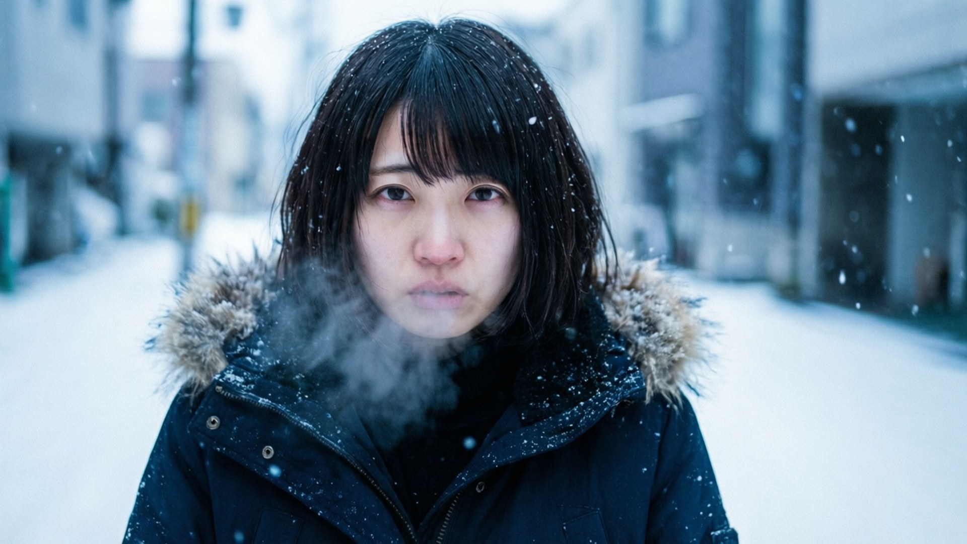 一位年輕女性穿著深色冬季外套，帶有毛皮飾邊，站在積雪的都市街道上，雪花在她周圍飄落，口中呼出蒸汽。