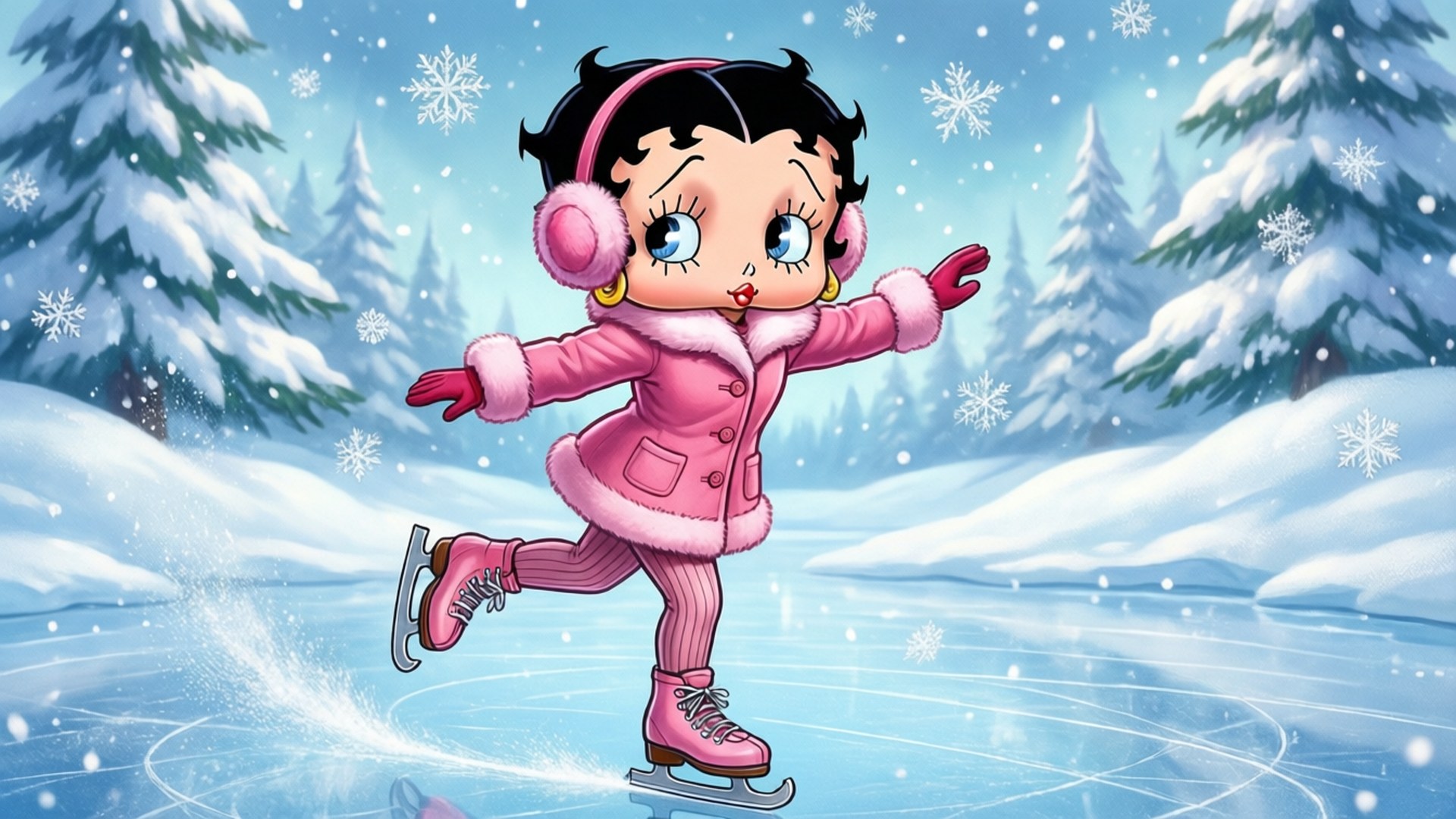 Betty Boop 在白雪皚皚的冬季森林中穿著粉紅色冬季裝備在冰上溜冰