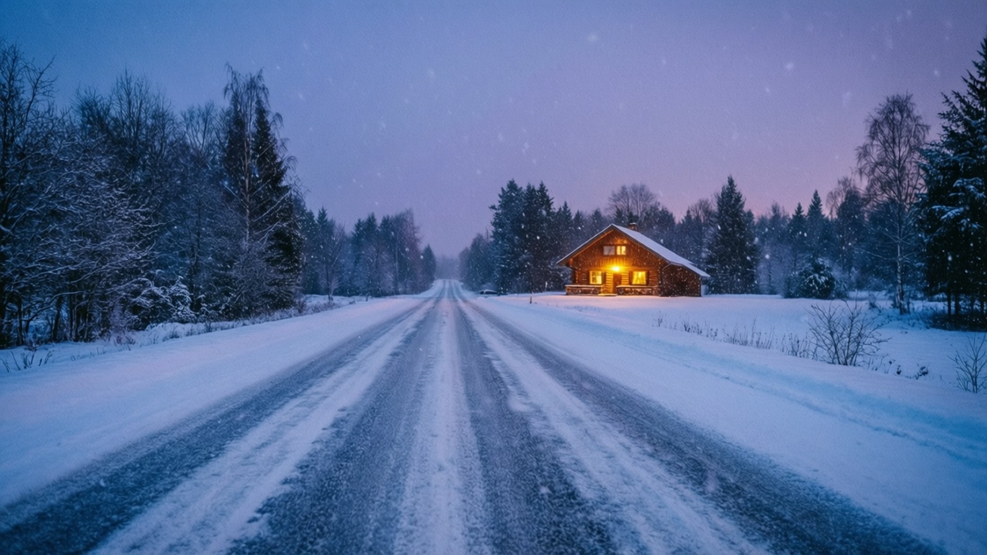 冬日森林暮色中通往亮燈小屋的積雪道路