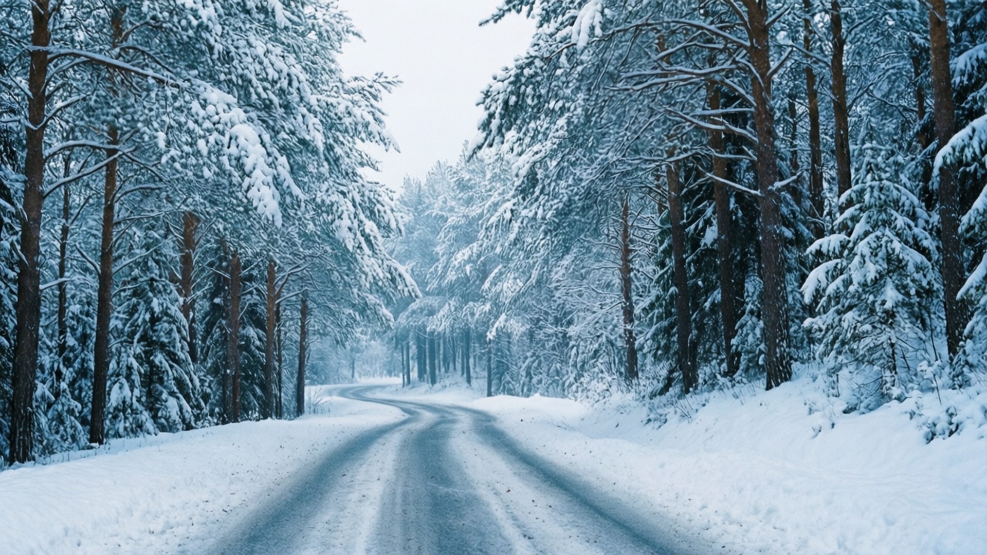 冬季，一條雪路蜿蜒穿過白雪覆蓋的松樹林。