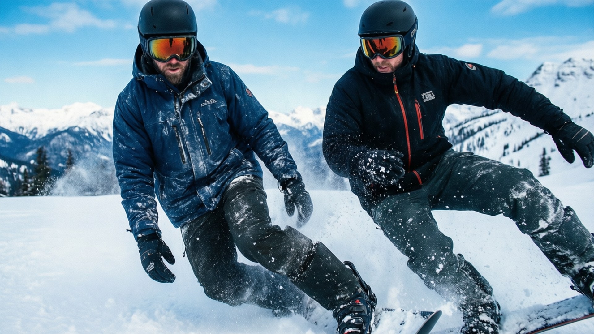 兩個男人在雪山斜坡上滑雪，背後有山脈