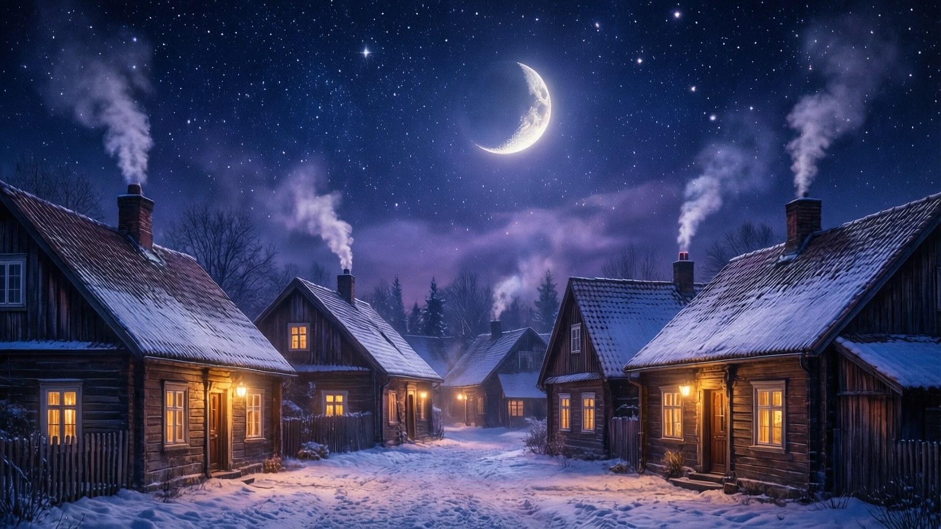 積雪的木屋，溫暖燈光和煙霧，星空下的彎月。