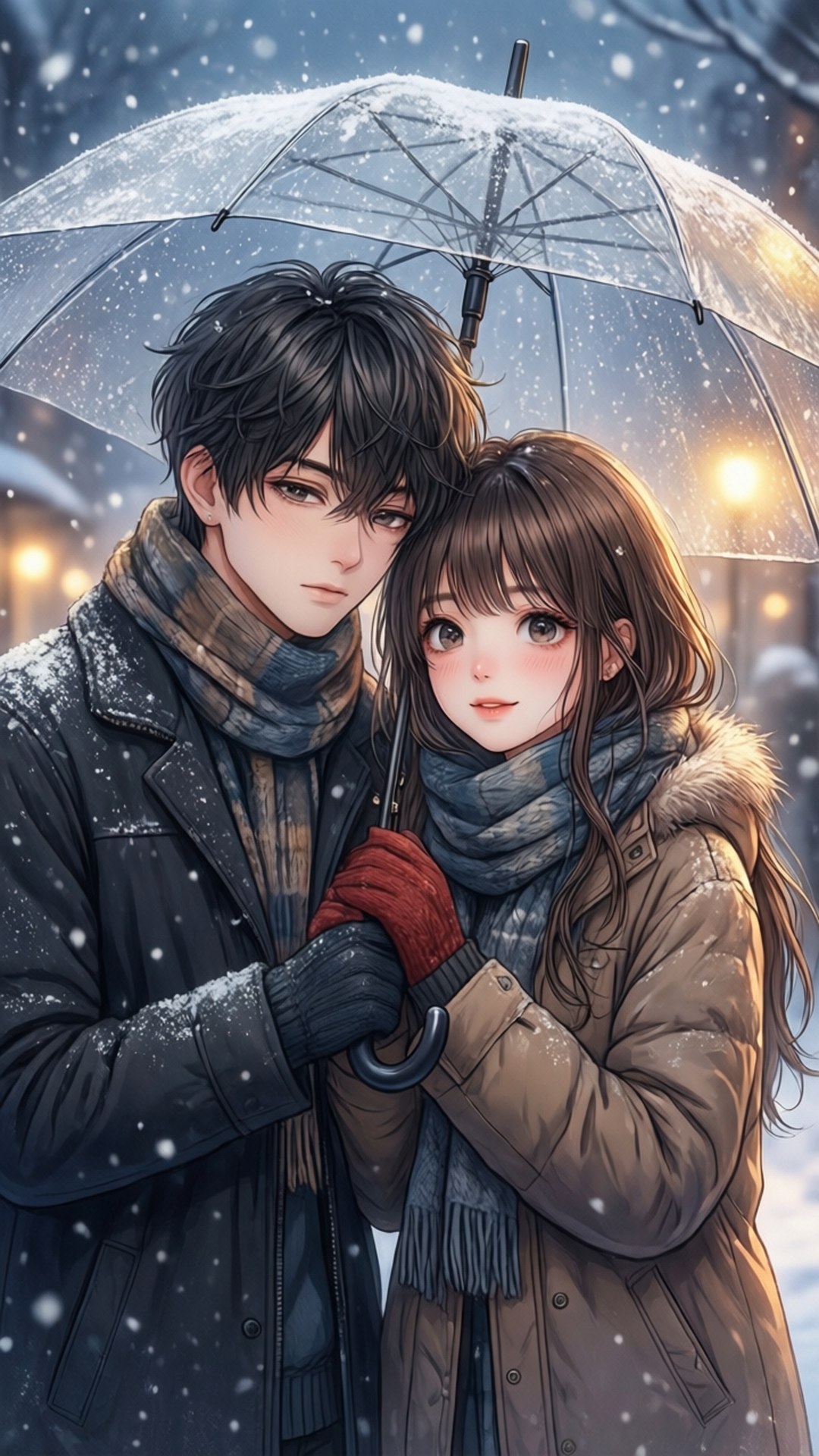 一對年輕情侶在雪夜城市中共用雨傘，周圍有溫暖的燈光。