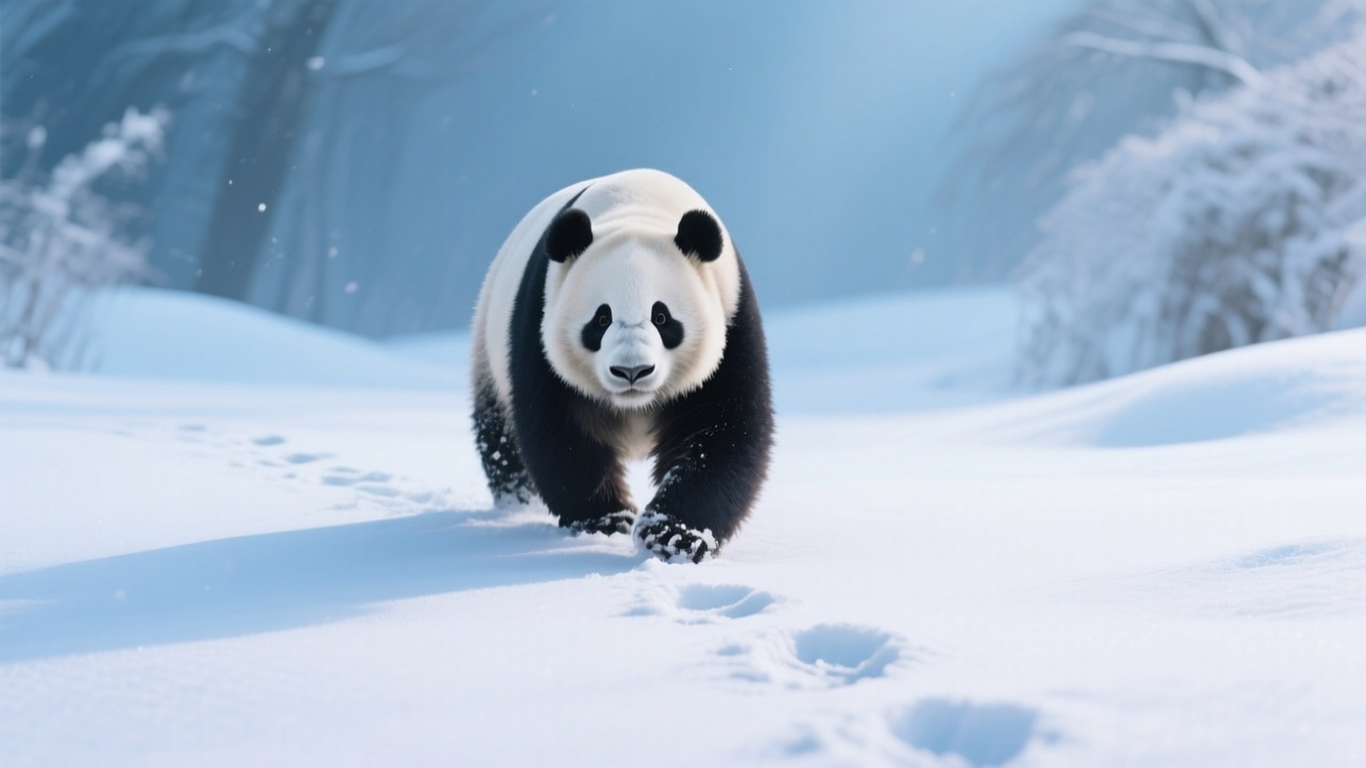 一隻大熊貓在冬季森林的深雪中行走
