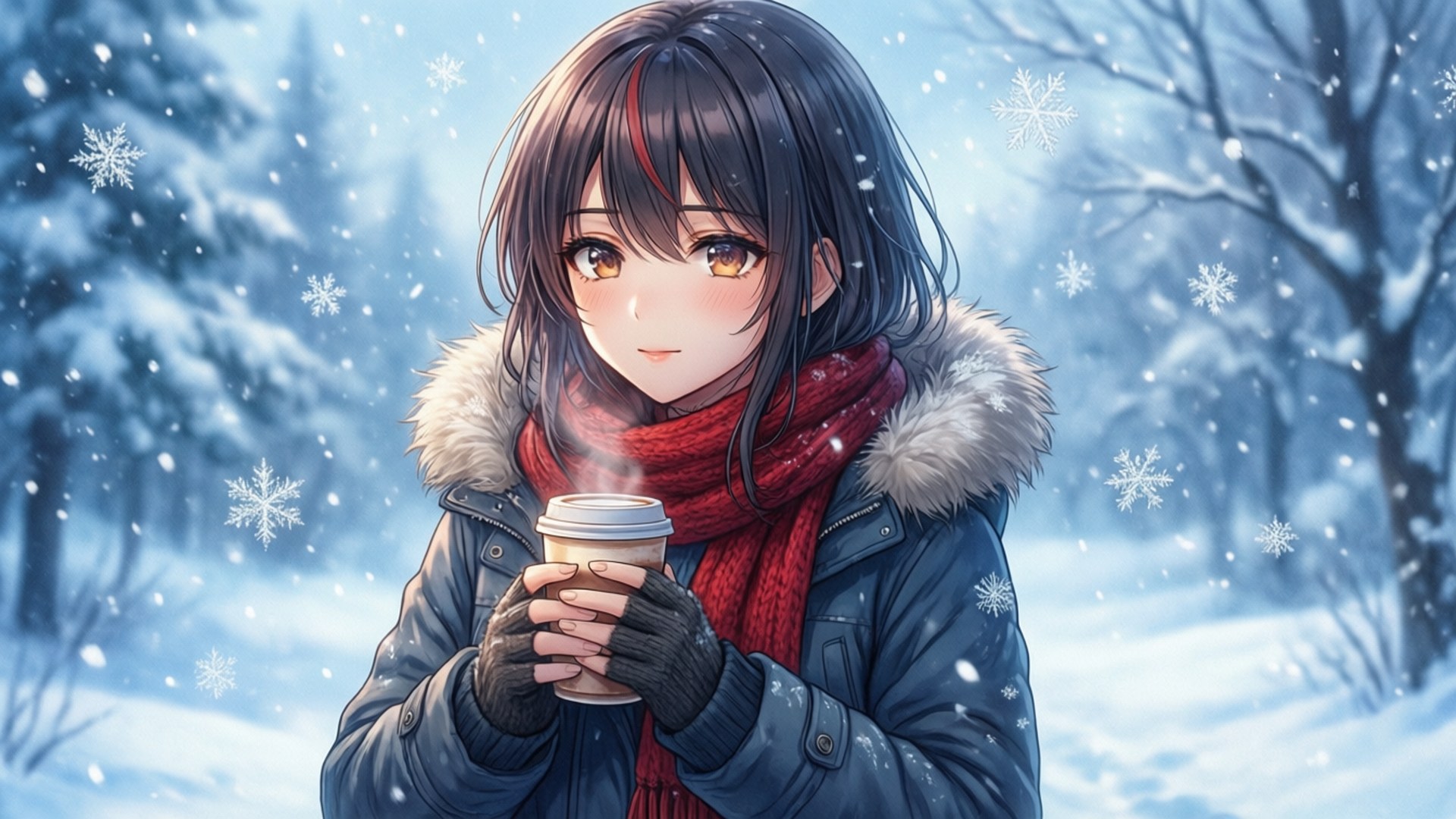 年輕動漫女孩穿著冬季外套和紅色圍巾，在雪森林中拿著冒著熱氣的咖啡杯。