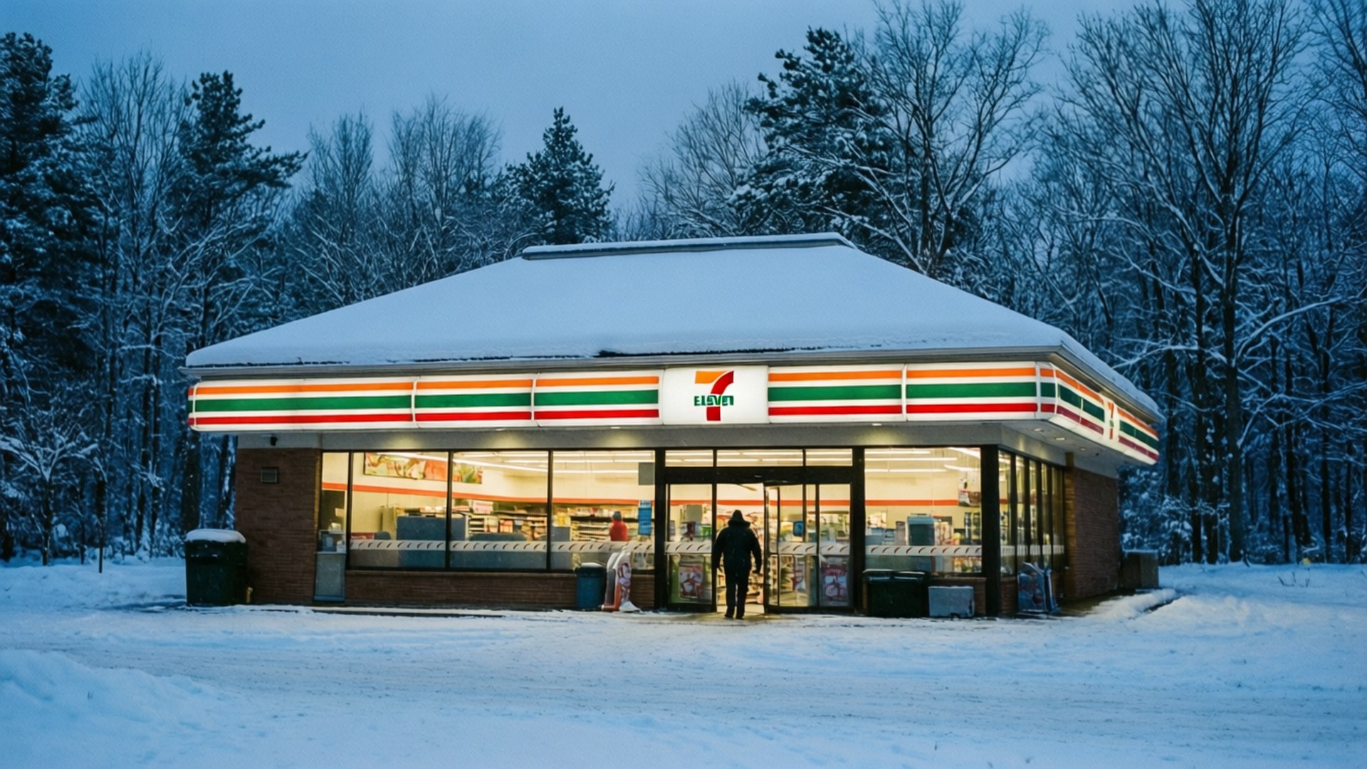 一間燈火通明的7-Eleven商店位於白雪皚皚的冬季森林中，有人正在進入。
