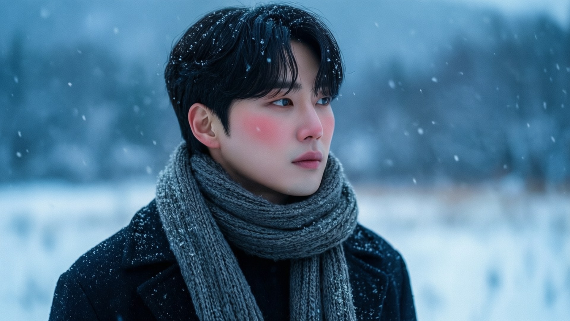 年輕男子戴著圍巾和外套站在下雪的冬日場景中