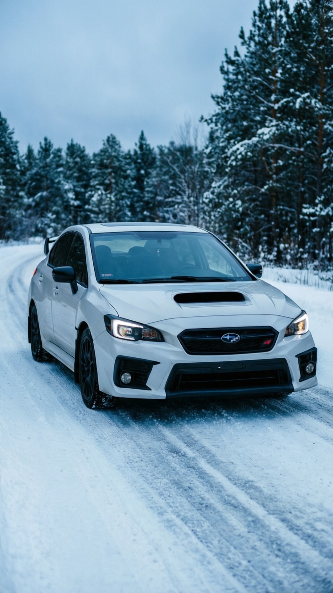 白色Subaru WRX STI在冬季森林中的雪路上行駛