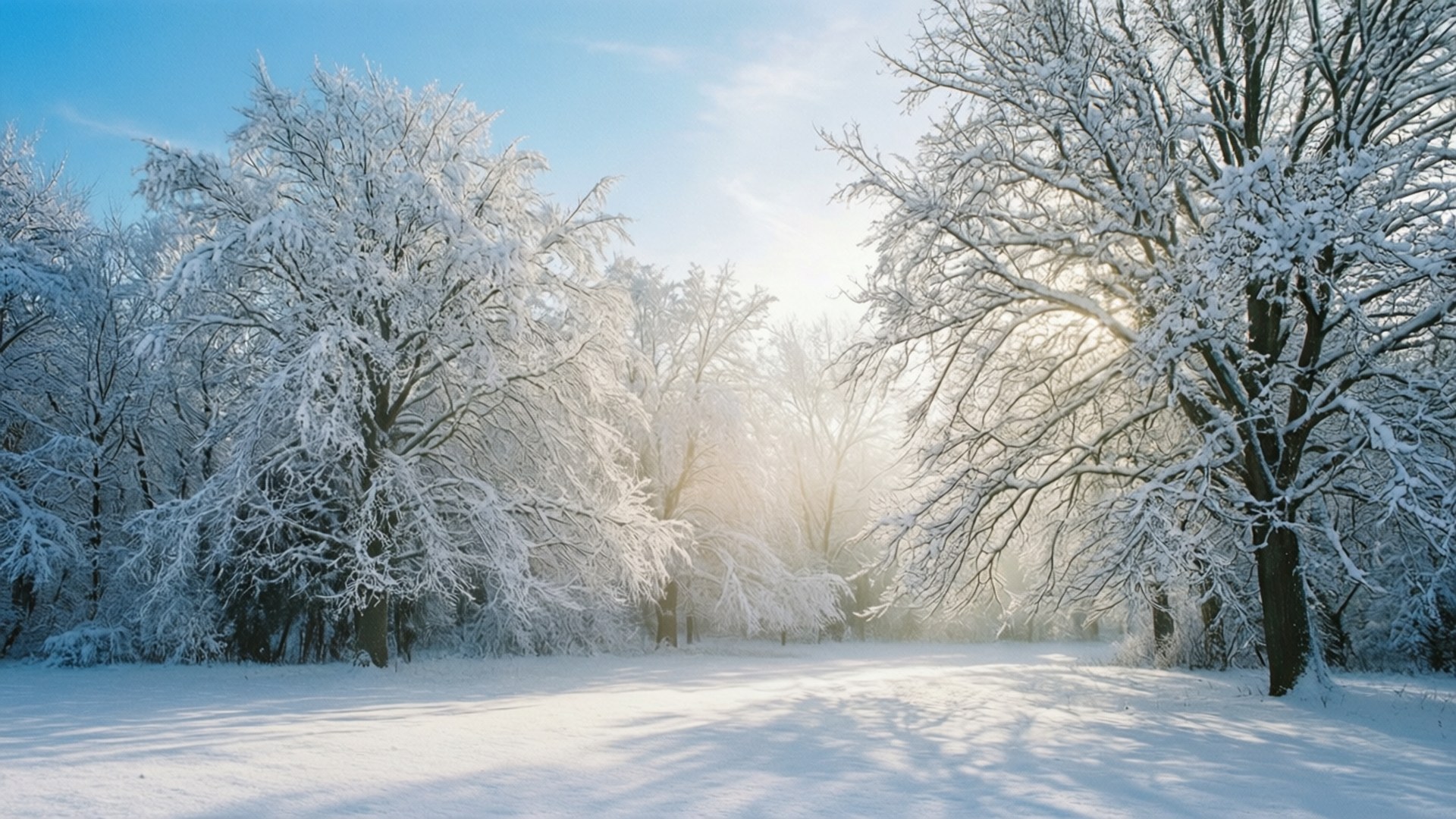 Winter Wonderland February 壁紙 — 陽光穿過白雪覆蓋的樹木，在純淨的白色冬季森林地面上投下長長的影子。