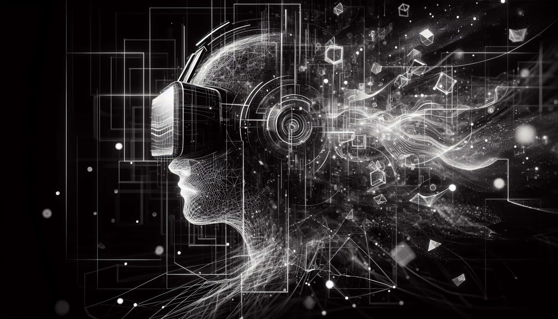  壁紙 — 一個線框人形輪廓戴著VR頭戴式顯示器，頭部散發出發光的數據流和幾何粒子，背景為深色。