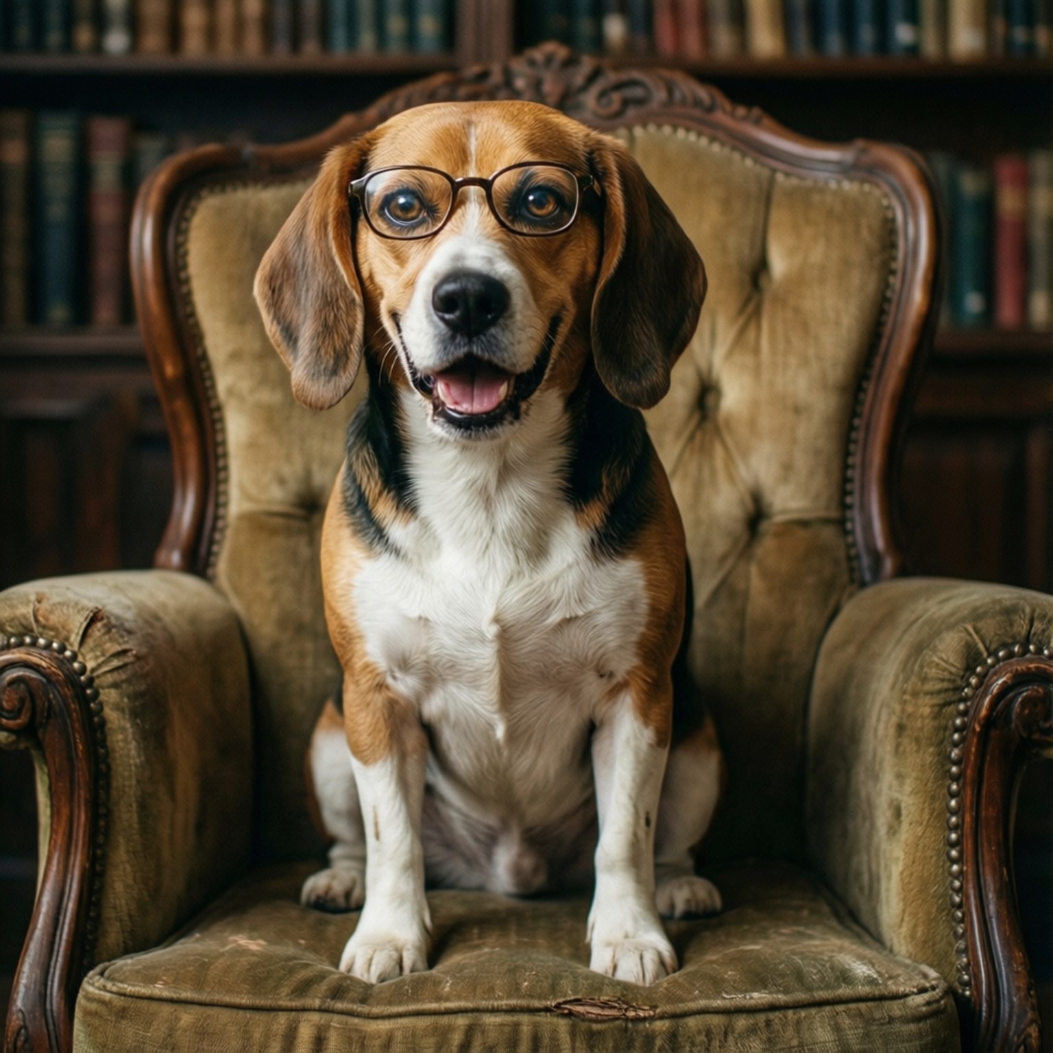戴眼鏡嘅比高犬坐喺復古扶手椅上，後面有書架。
