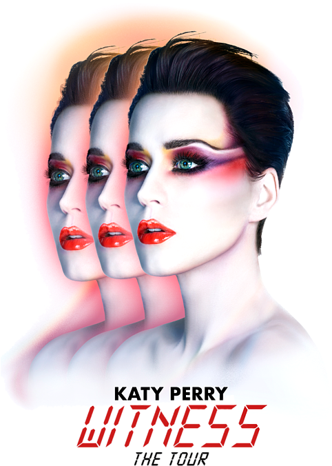 凱蒂·佩里《Witness The Tour》巡迴促銷藝術圖 壁紙 — Katy Perry 的風格化數位肖像，擁有鮮豔的紅唇和戲劇性的化妝，在發光的光環背景下以淡出序列重複出現。