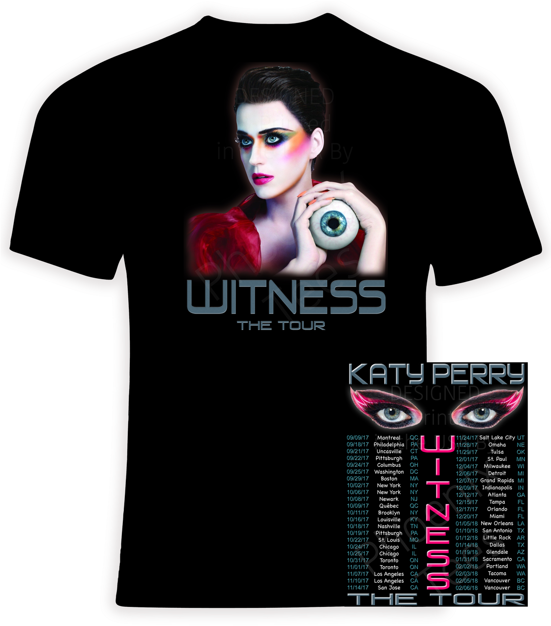 凱蒂·佩里「Witness Tour」T恤設計 壁紙 — 黑色T恤，印有凱蒂·佩里拿著一個巨大的眼球，妝容鮮豔，下方列出巡演日期。