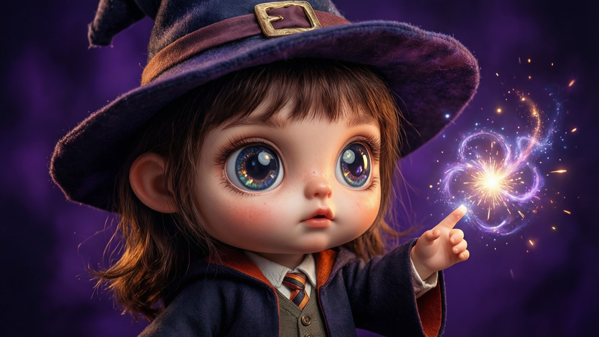 一個戴著紫色帽子的年輕女巫用手指施展發光的魔法咒語。