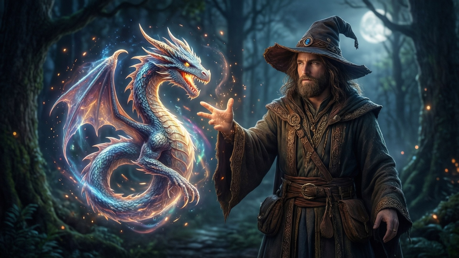 一位巫師在月光下的森林中召喚出一條發光的龍。