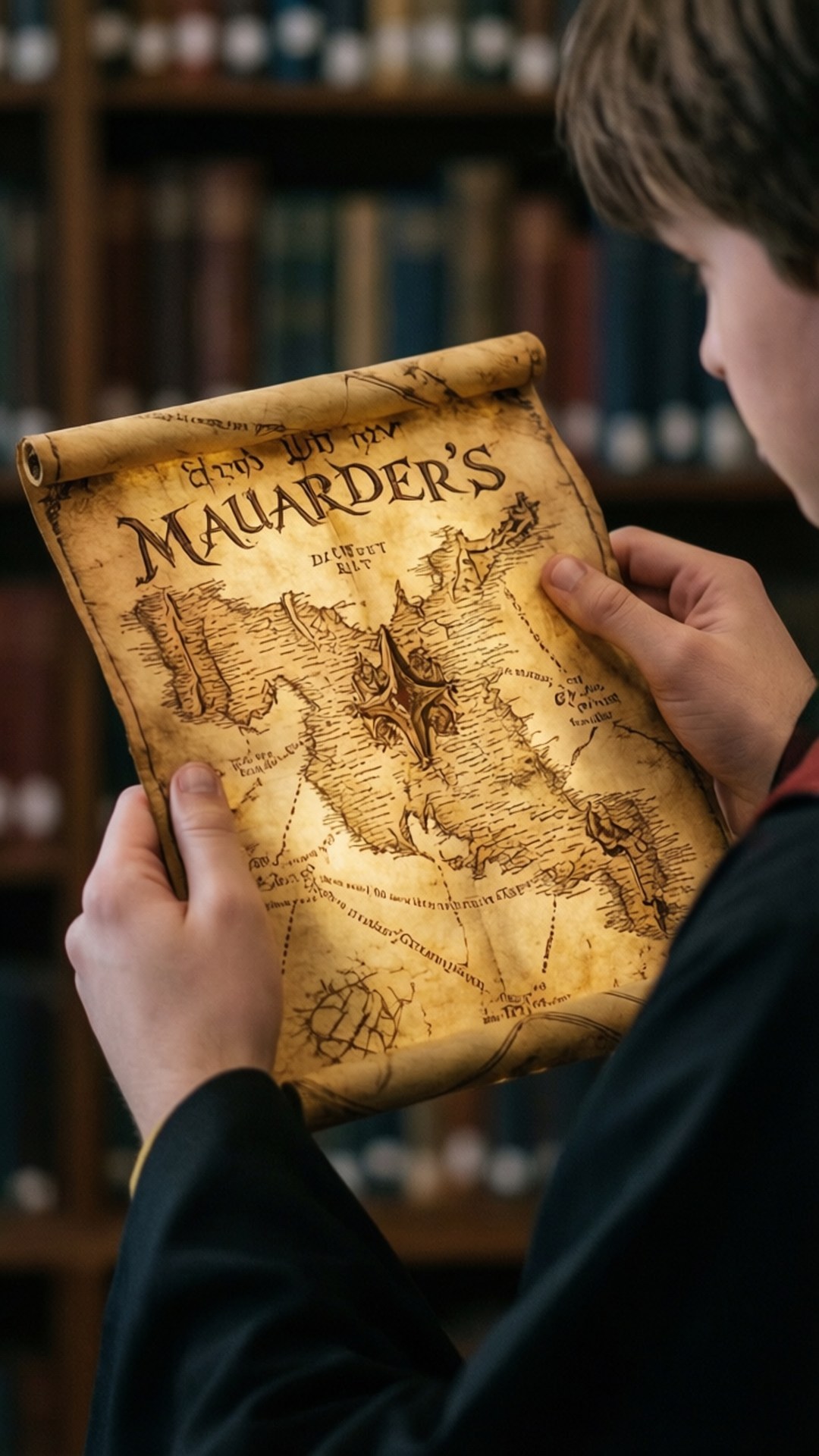 一個穿著深色長袍嘅學生喺圖書館入面攞住一張名為Marauder's Map嘅古老地圖。