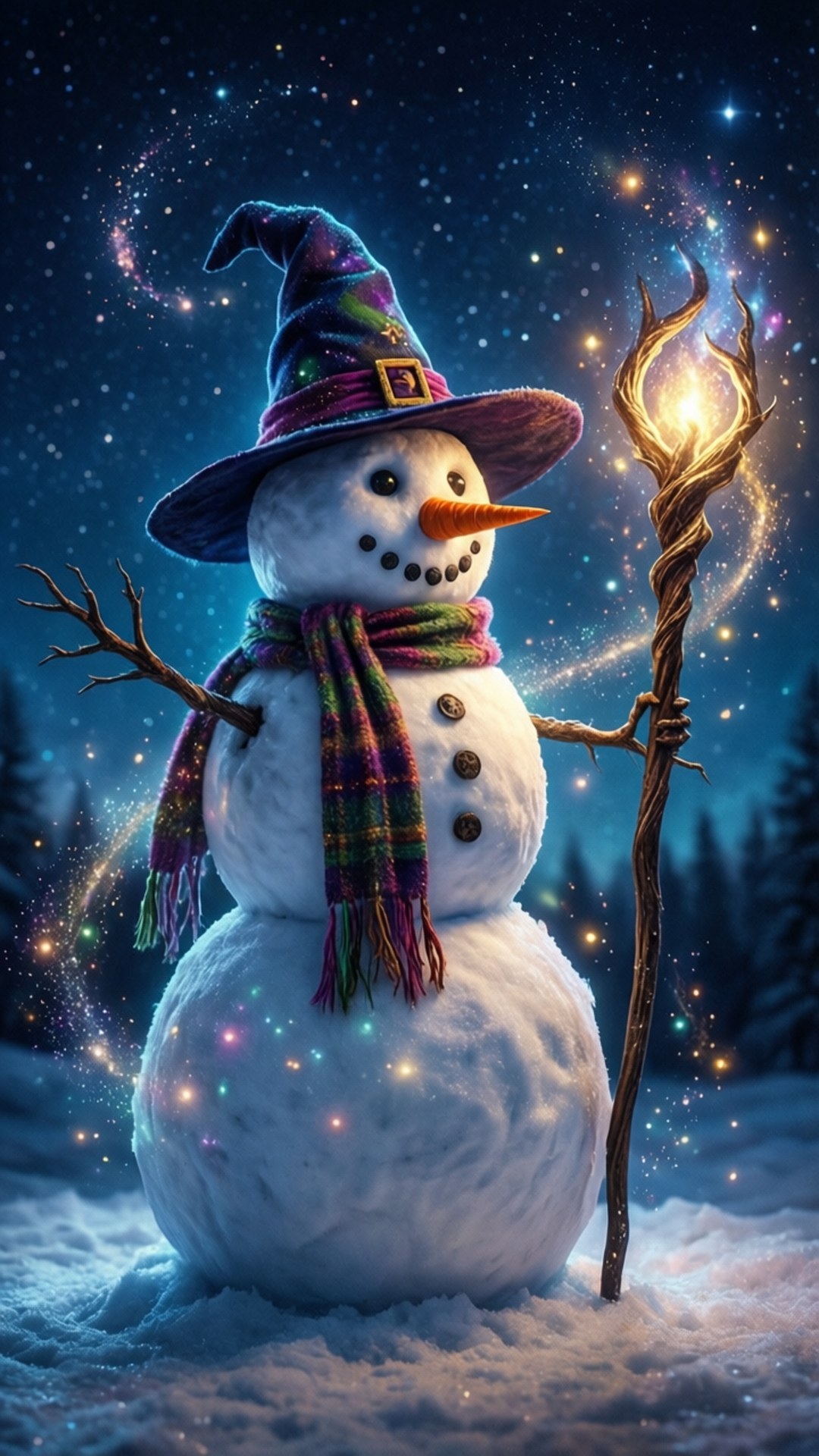 雪人戴女巫帽和圍巾在星空下拿著發光法杖
