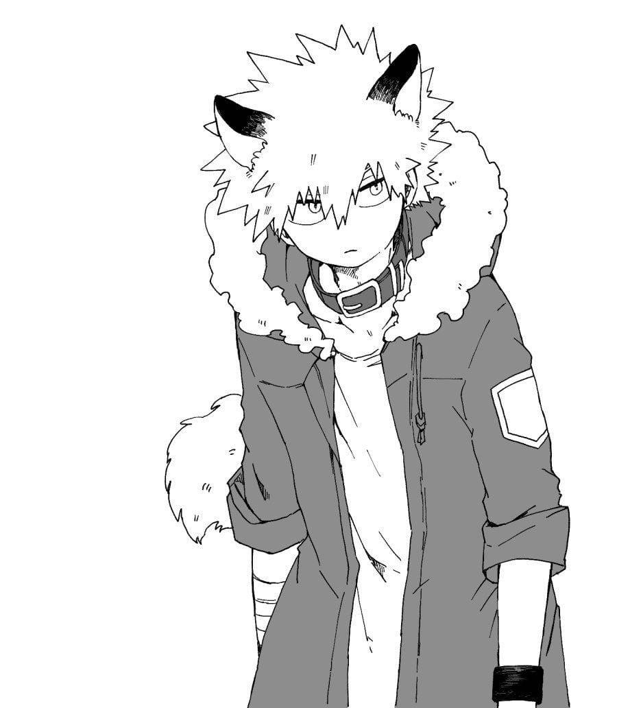 Wolf Deku 壁紙極簡風格 Hero Academia 壁紙 — 一個黑白動漫角色，有尖刺頭髮和狐狸耳朵，穿著毛領外套，表情嚴肅。