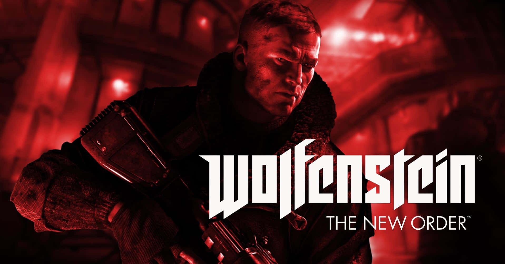 為自由而戰——《Wolfenstein II》遊戲壁紙 壁紙 — 在《Wolfenstein The New Order》中，一名陰沉的士兵在紅光照亮的反烏托邦走廊中緊握步槍，專注力極強。