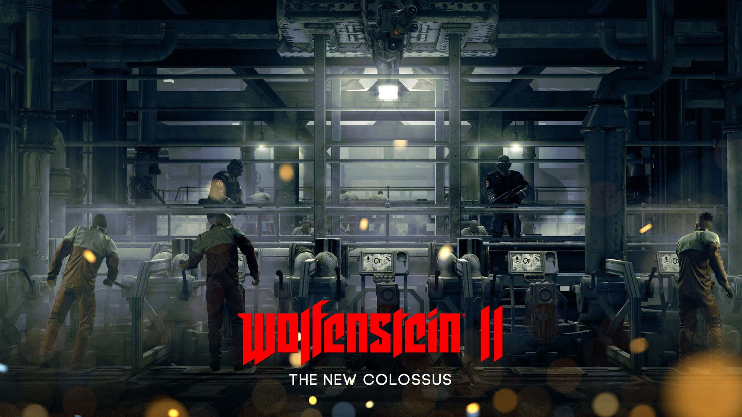 在《Wolfenstein II》中迎戰納粹的致命威脅 壁紙 — 穿著橙色連身工作服的工人在光線昏暗的工業設施中工作，周圍有發光的燈光和機器。