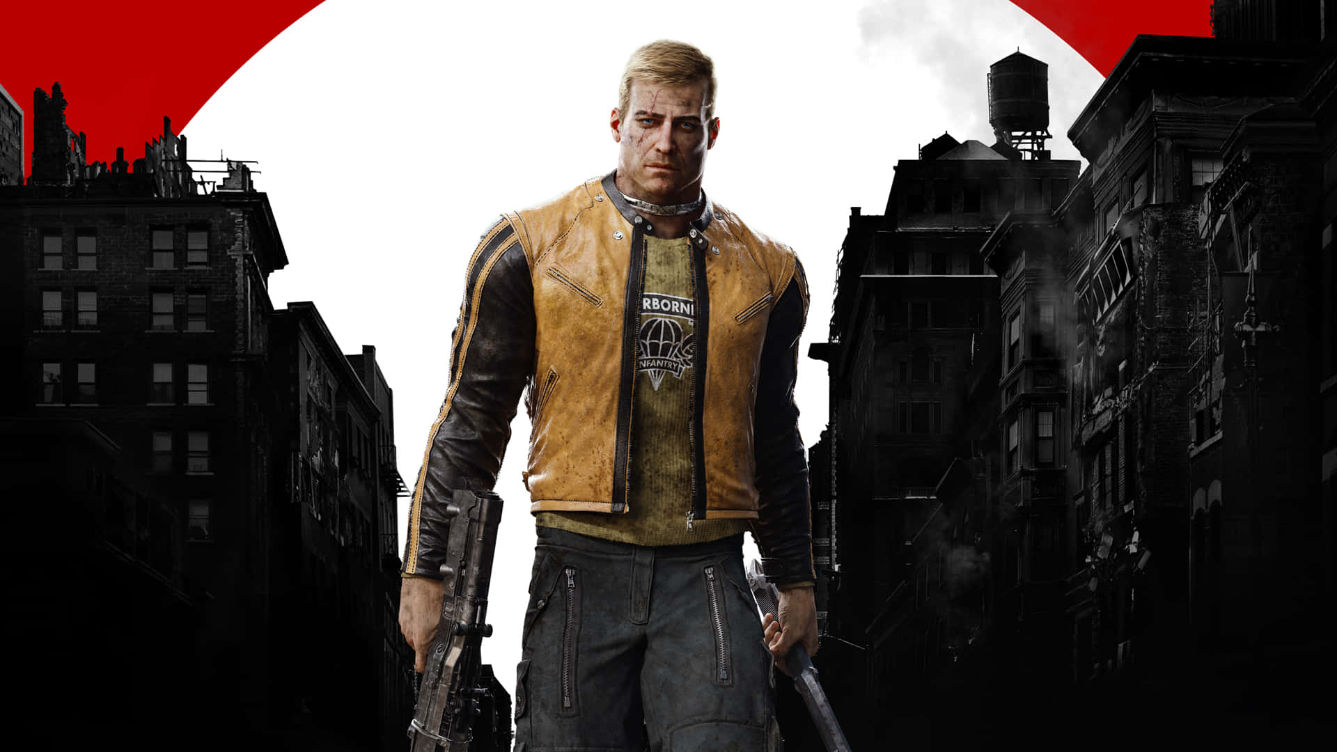 《Wolfenstein II》遊戲背景：威廉·約瑟夫·布拉茲科維奇 壁紙 — 一個身穿皮背心的粗獷城市戰士，在破敗的城市景觀中，在鮮明的紅白天空下挑釁地站立。