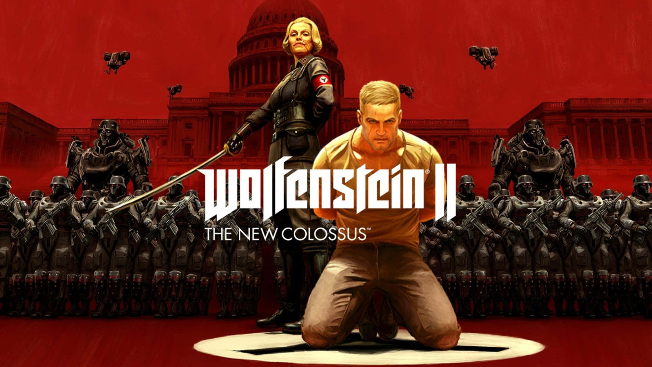 「Wolfenstein II：The New Colossus」反派聯手打造刺激冒險 壁紙 — 一個跪著的男人面對一個穿著制服、手持劍的嚴厲女人，背景是帶有紅色色調的國會大廈和機械士兵。
