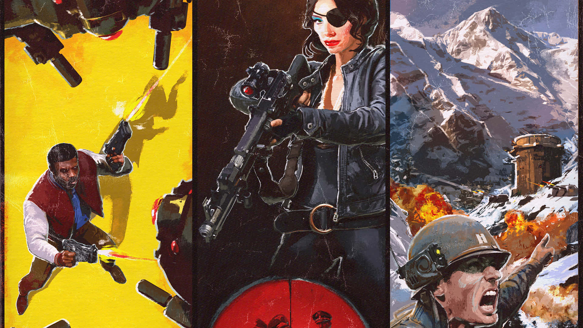 《Wolfenstein II：The New Colossus》遊戲場景背景圖 壁紙 — 三聯畫描繪激烈動作場景，武裝戰士在鮮黃色火焰戰場、白雪覆蓋的山頂堡壘和黑暗粗獷的城市戰中戰鬥。