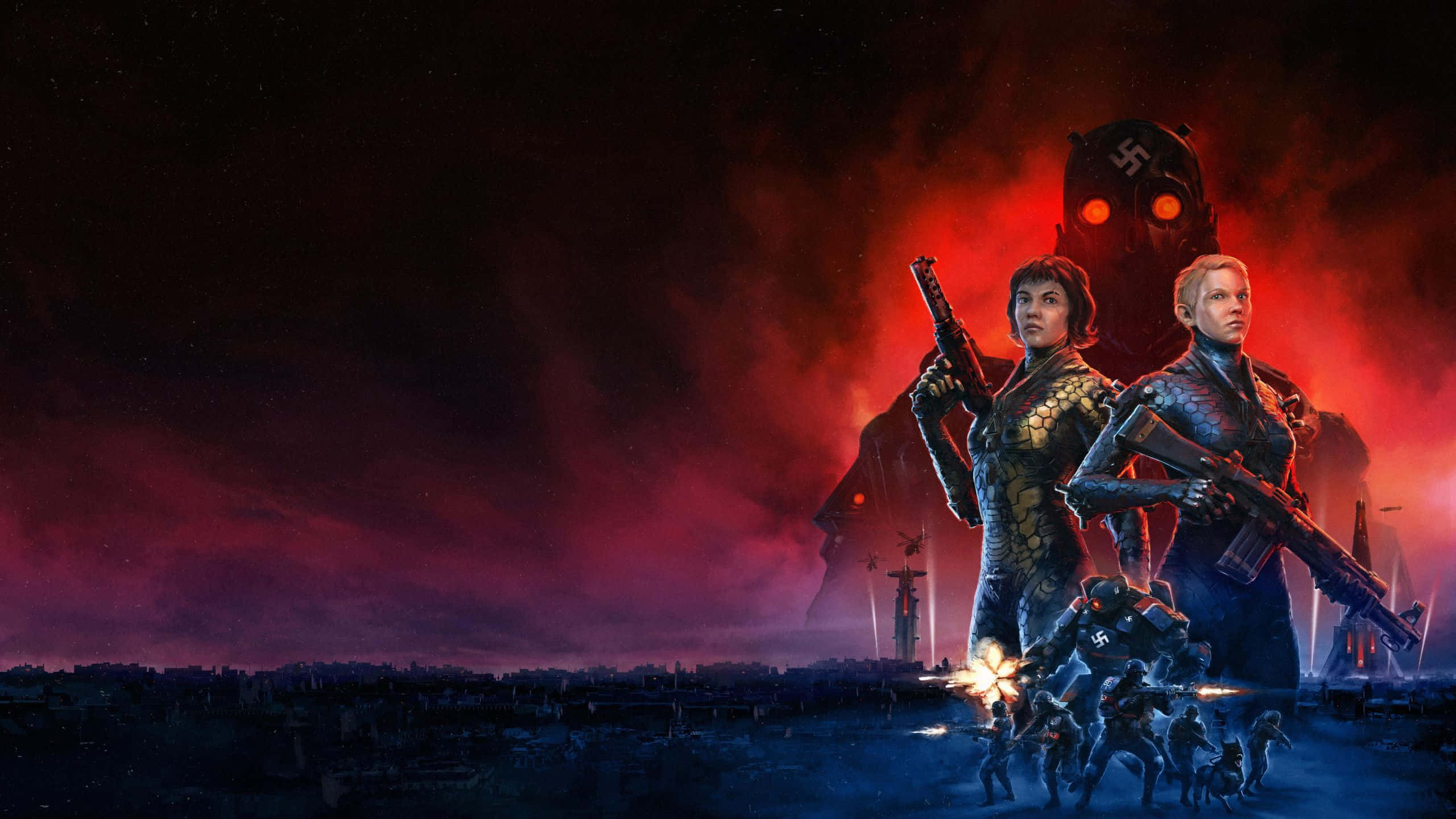 《Wolfenstein II》主角BJ·布拉茲科維奇肆意破壞 壁紙 — 兩名武裝女性在血紅色的天空下，站在一座廢墟城市景觀上，挑釁地站在一個高聳的機械敵人面前。