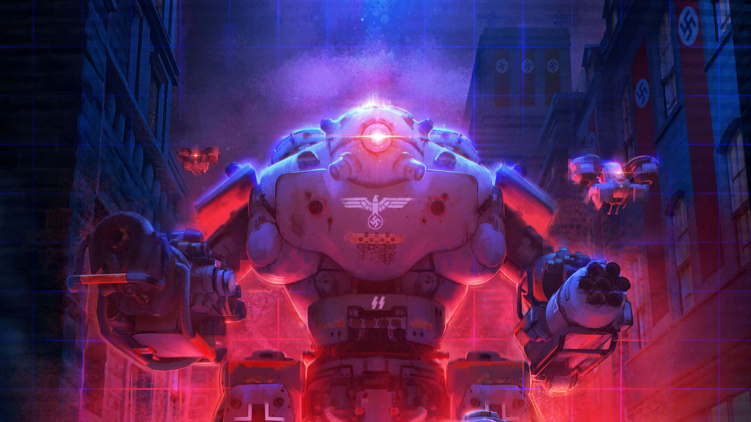 《Wolfenstein II》展現無可阻擋的力量與決心 壁紙 — 一個高聳發光的機械人在夜晚主導著一條充滿霓虹燈的 dystopian 城市街道，伴隨著飛行的無人機和不祥的符號。