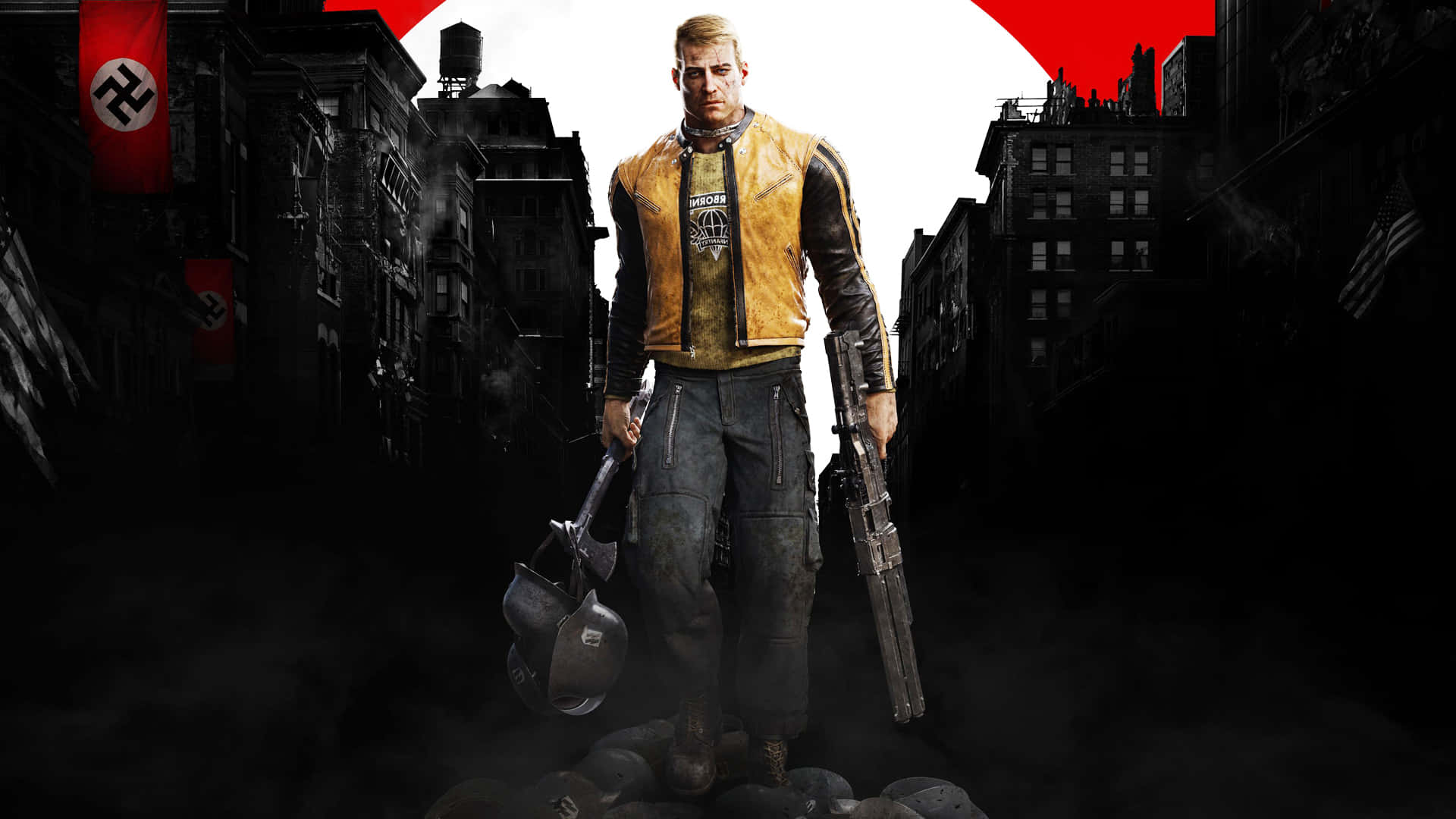 《Wolfenstein II》建築群 1920x1080 背景 壁紙 — 一個身穿黃色外套的粗獷士兵，在充滿納粹旗幟和煙霧的黑暗城市街道上挑釁地站立。