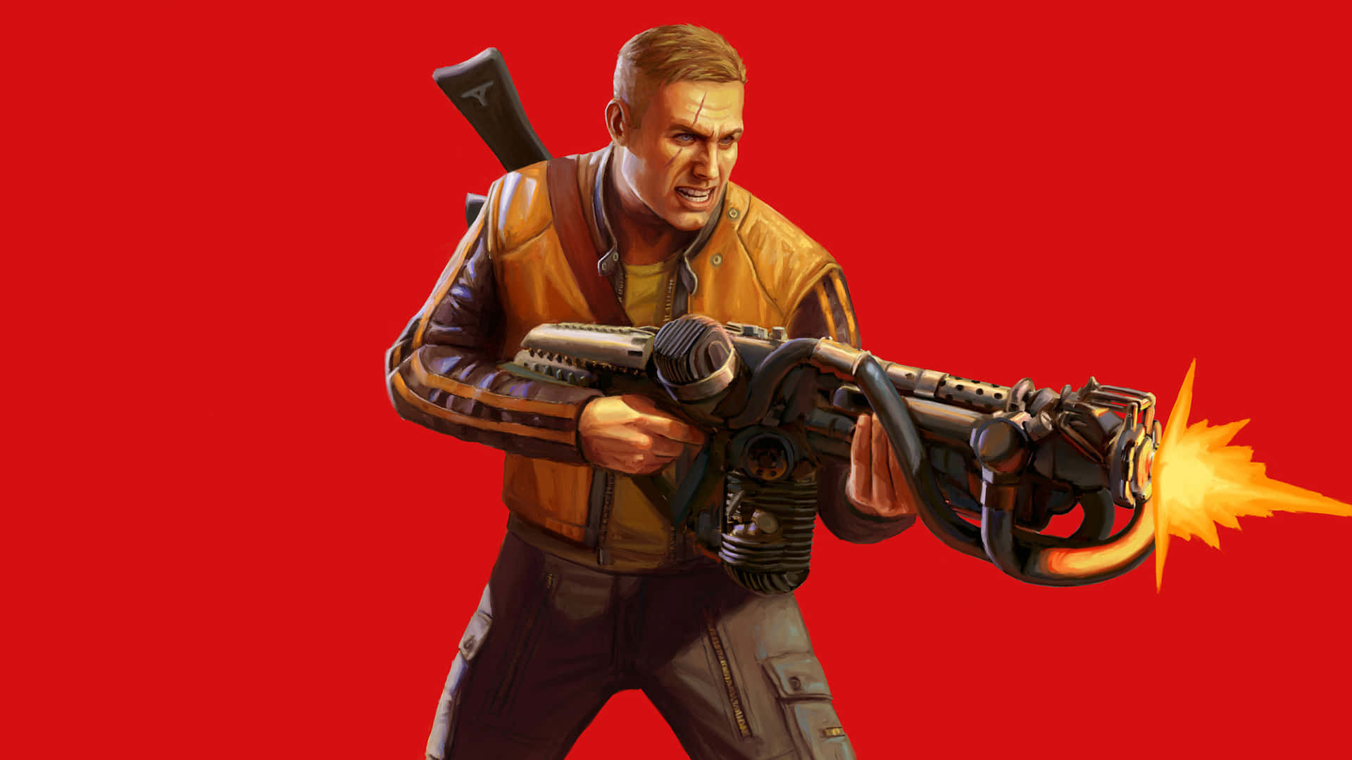 《Wolfenstein II》恐怖比利 1920x1080 背景 壁紙 — 一名身穿皮褸的兇猛士兵，在純紅色背景上發射重型武器，槍口閃光耀眼。